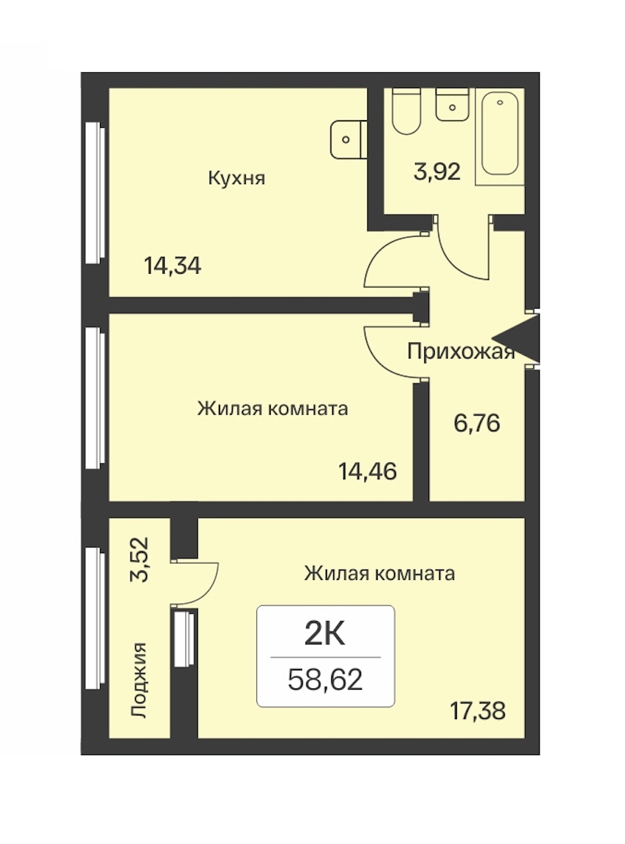2-комнатная квартира 58.62 м², 10/10 эт., ЖК «Расцветай в Янино»